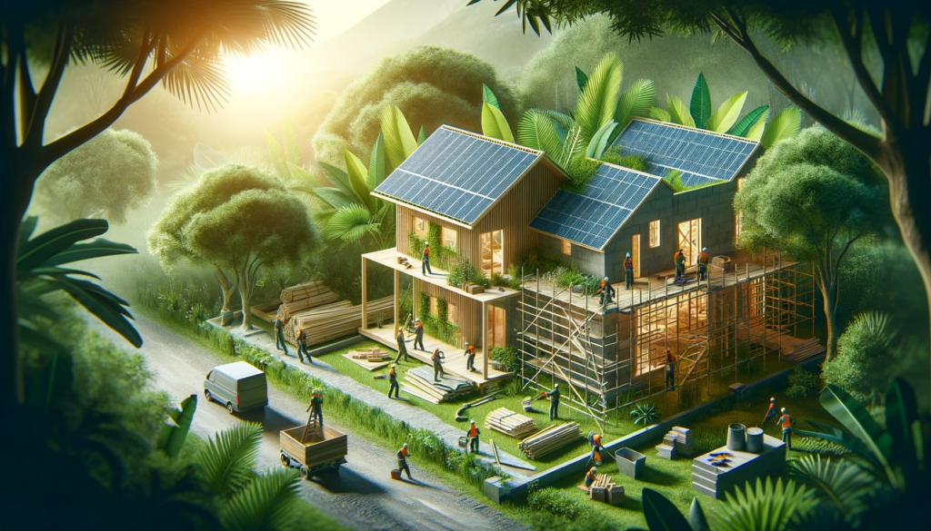 An eco-friendly construction site using bamboo, recycled wood, and solar panels, surrounded by greenery.