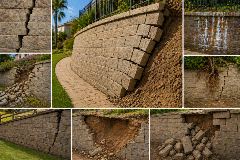 Retaining wall damage and failure examples